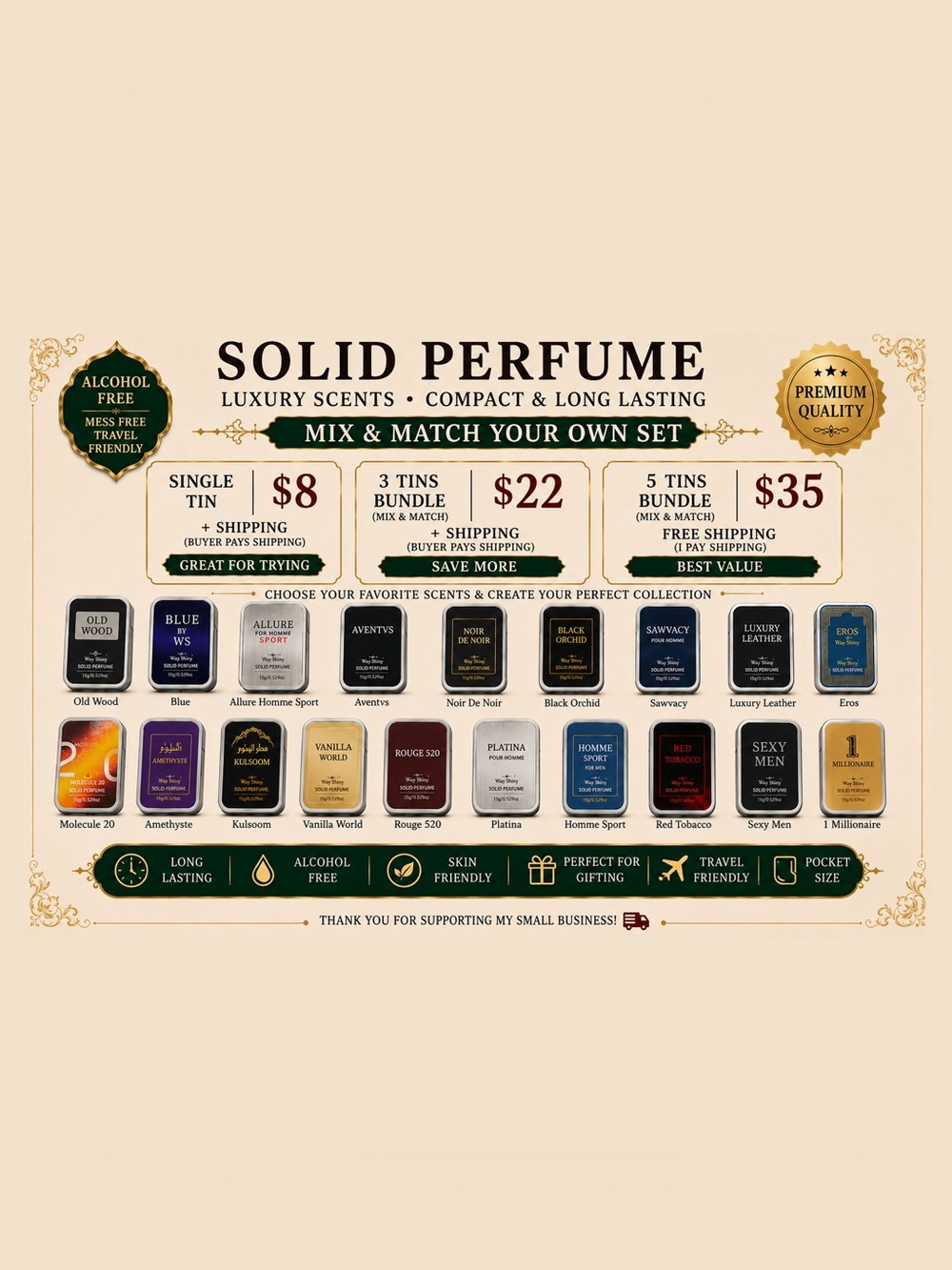 5 Solid Perfume Tins Bundle (Alcohol-Free) 15g • Choose 5 by Number • Free Ship